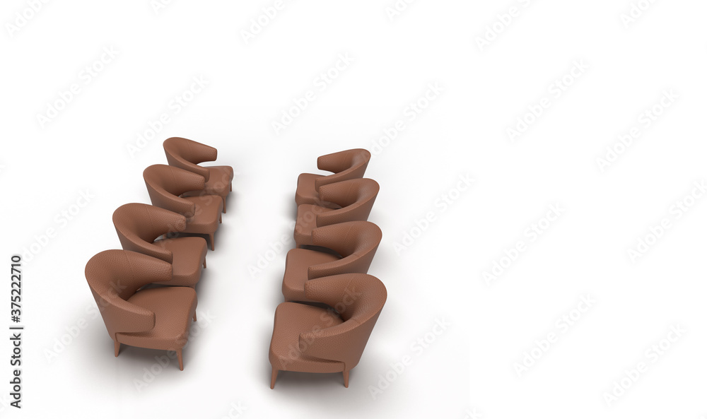 3d render of four set of brown single armchair sofa arranged facing each other in solid white background with space for text.meeting concept 3d render of four set of brown single armchair sofa arranged facing each other in solid white background with space for text.meeting concept