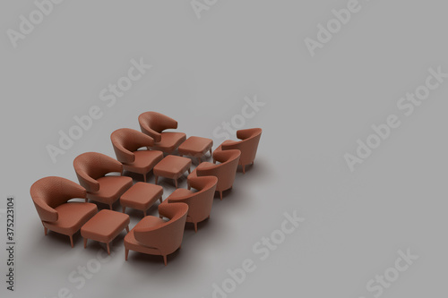 3d render of four group of brown single armchair sofa arraned facing each other with center table in solid grey background with space for text photo