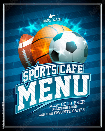 Sports cafe menu card cover design with football  basketball and rugby balls