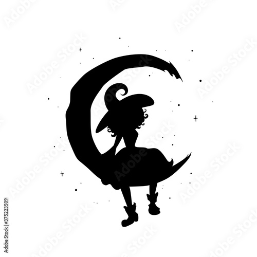 Black witch sits on the crescent in the night sky. Half moon and stars and hag in hat.