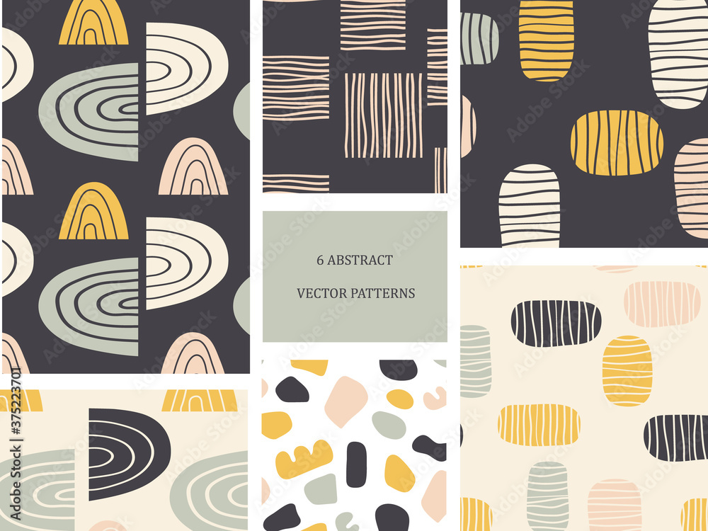 Set of cute abstract seamless patterns. Endless texture for wallpaper, home textile, fabric,carpets,covers,stationery. Different shapes in hand drawn minimal style.Soft colours.Vector illustration