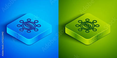 Isometric line Blockchain technology Bitcoin icon isolated on blue and green background. Abstract geometric block chain network technology business. Square button. Vector.