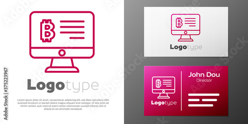 Logotype line Mining bitcoin from monitor icon isolated on white background. Cryptocurrency mining, blockchain technology service. Logo design template element. Vector.