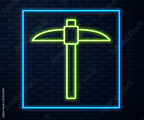 Glowing neon line Pickaxe icon isolated on brick wall background. Blockchain technology, cryptocurrency mining, bitcoin, digital money market, cryptocoin wallet. Vector.