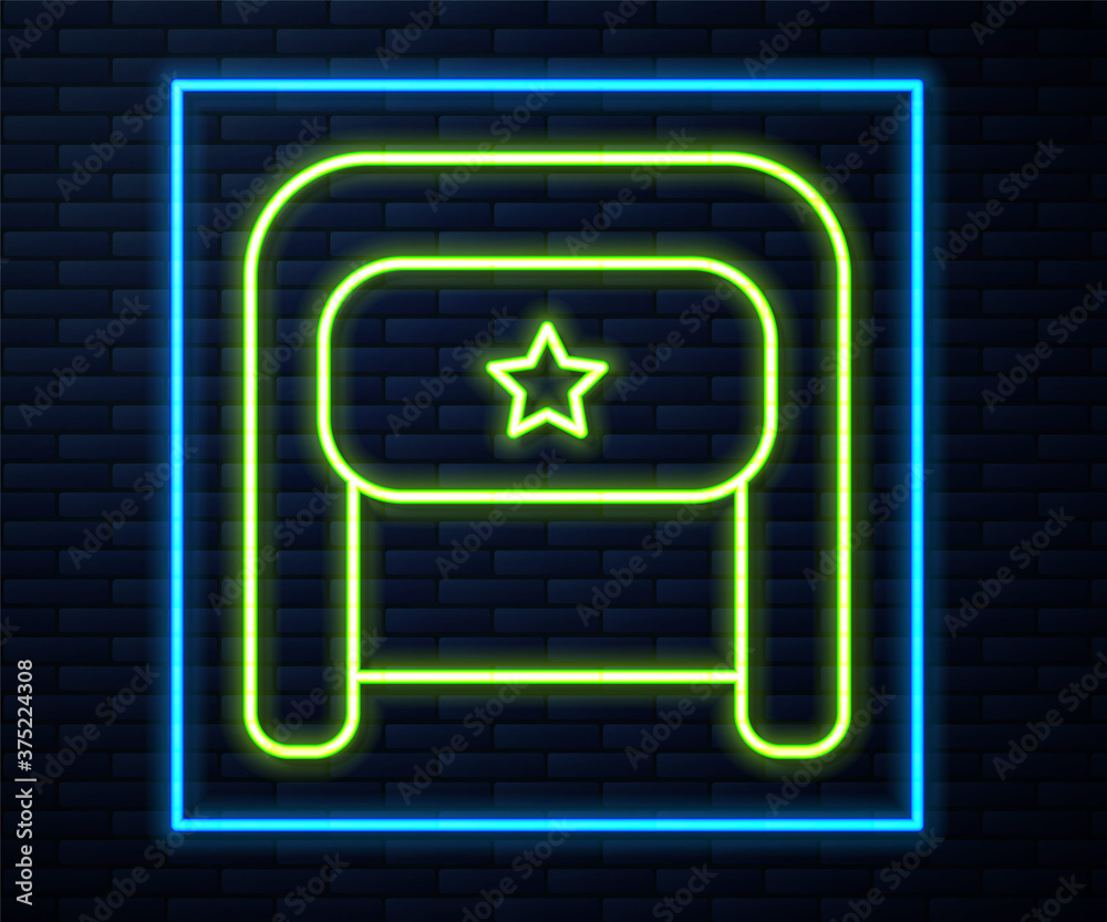 Glowing neon line Ushanka icon isolated on brick wall background. Russian fur winter hat ushanka with star. Soviet Union uniform of KGB and NKVD. Vector.