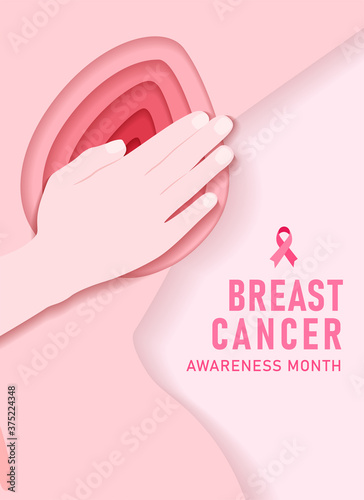 Breast cancer prevention self check papercut poster. Banner with breast cancer awareness symbol and place for text.