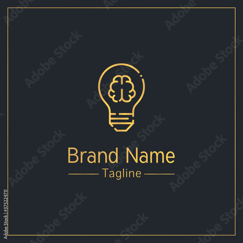 Brain and light bulb modern golden logo design template