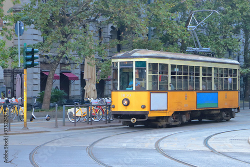 tram giallo a milano, yellow street car in milan city 