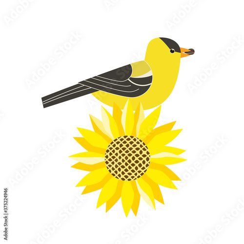 Goldfinch on sunflower cute cartoon vector icon