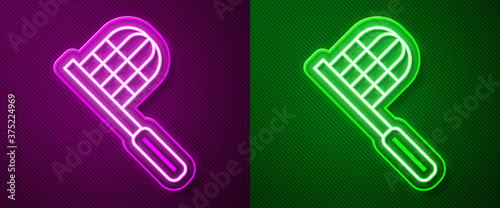 Glowing neon line Butterfly net icon isolated on purple and green background. Vector.