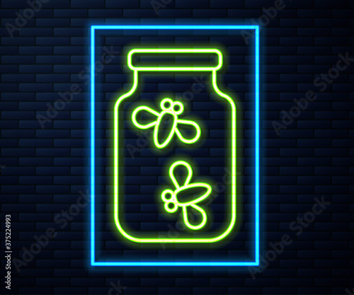 Glowing neon line Fireflies bugs in a jar icon isolated on brick wall background. Vector.