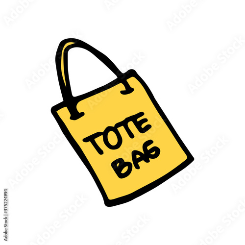 Hand drawn tote bag vector illustration. Simple sketch yellow tote bag on white background. Colorful doodle art for kids, sticker, logo. Modern scribble, drawn with pen. Cartoon style. Cute shape. 