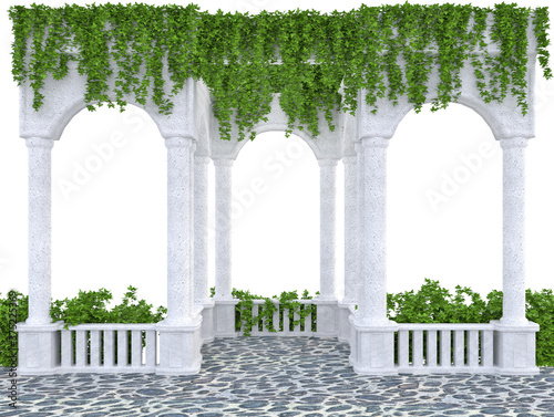 Cuadro en lienzo Arched colonnade with a balustrade entwined with ivy on a white background 3d rendering