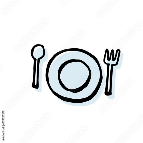 A set of cutlery vector illustration. Simple sketch, drawn with pen isolated on white background. Cartoon style, colorful doodle art. Modern scribble for kids, logo, sticker. Hand drawn vector. 