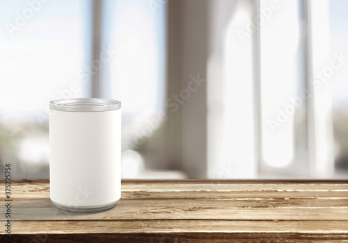 3d render of a blank white food can with white label mockup on wooden table with space for text
