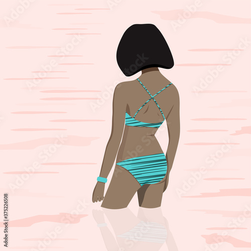 Girl in blue swimsuit goes swimming in sea. View from back. vector illustration.