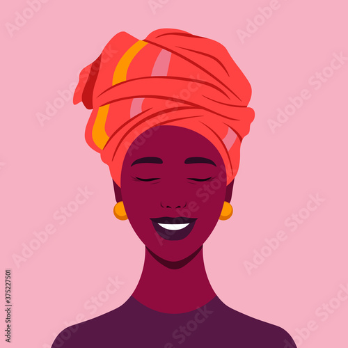 The face of a happy African girl. Avatar of a laughing young woman. Portrait. Vector flat illustration