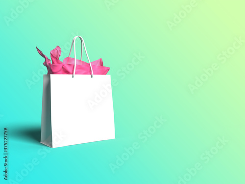 white gift shopping bag mock up in a cyan gradient background with space for text. 3d render