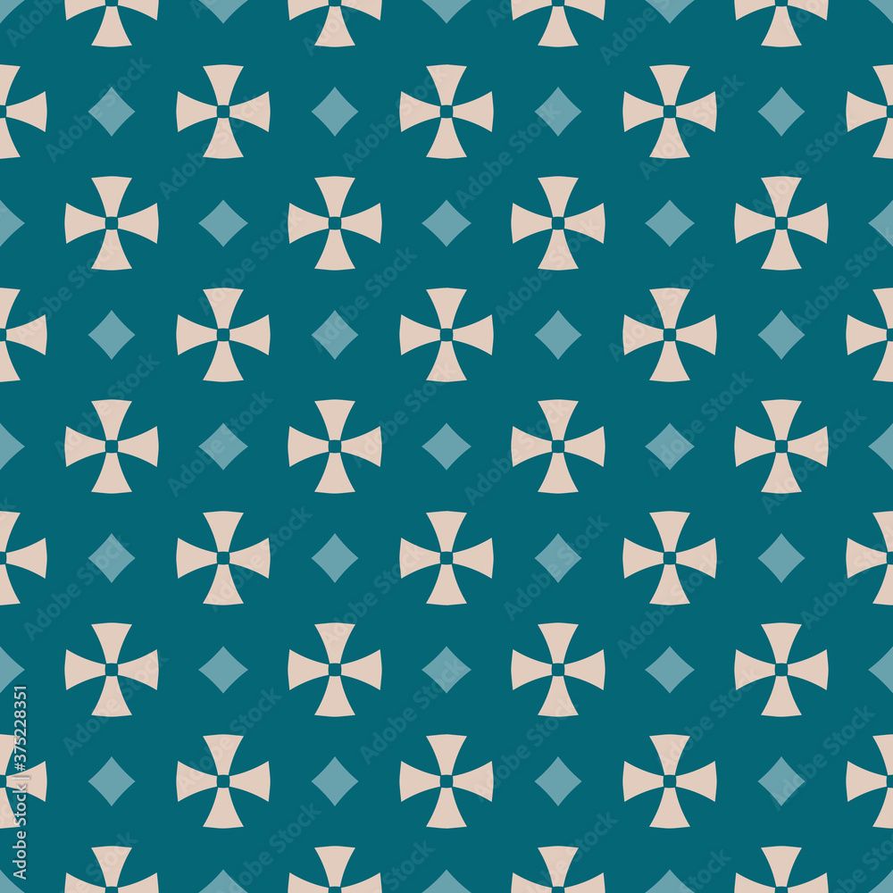 Simple geometric floral seamless pattern. Abstract vector ornament with small flower silhouettes, crosses, diamonds. Teal and beige color. Elegant texture in gothic style. Design for decor, fabric Simple geometric floral seamless pattern. Abstract vector ornament with small flower silhouettes, crosses, diamonds. Teal and beige color. Elegant texture in gothic style. Design for decor, fabric