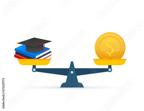 Concept of investment in education with coins books and scales. Vector stock illustration.