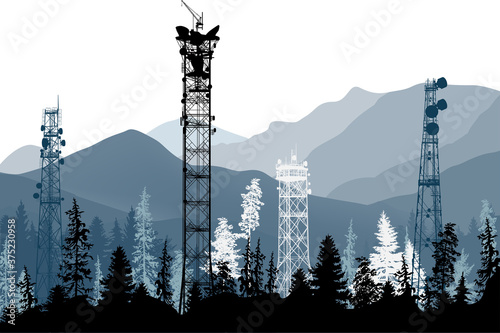 antenna tower silhouettes in dark forest between mountains on white