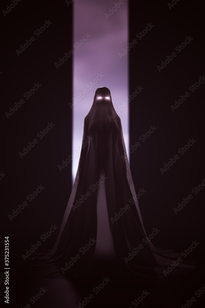 Woman Cloaked In a Transparent Futuristic Shroud with Glowing Eyes Wrapping 3d Illustration 
