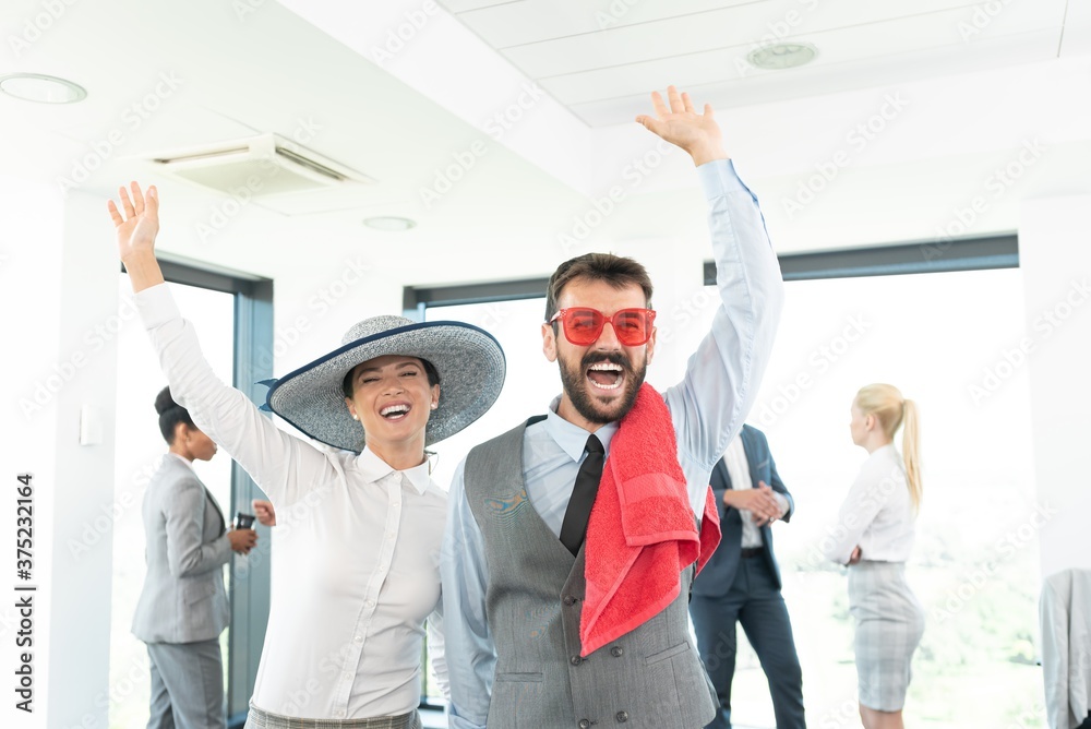 Cheerful colleagues having fun on business trip vacation