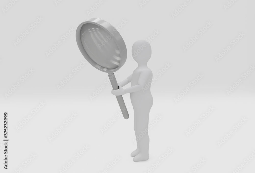 abstract human with big magnifier look for something, search concept, 3d render abstract human with big magnifier look for something, search concept, 3d render