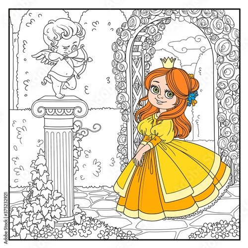 Color cute princess  near statue of a cupid archer standing on column entwined with ivy in the park outlined for coloring
