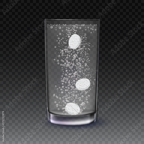 Realistic effervescent three tablets in glass of water. Realistic effervescent pill with bubbles dissolving in glass of water