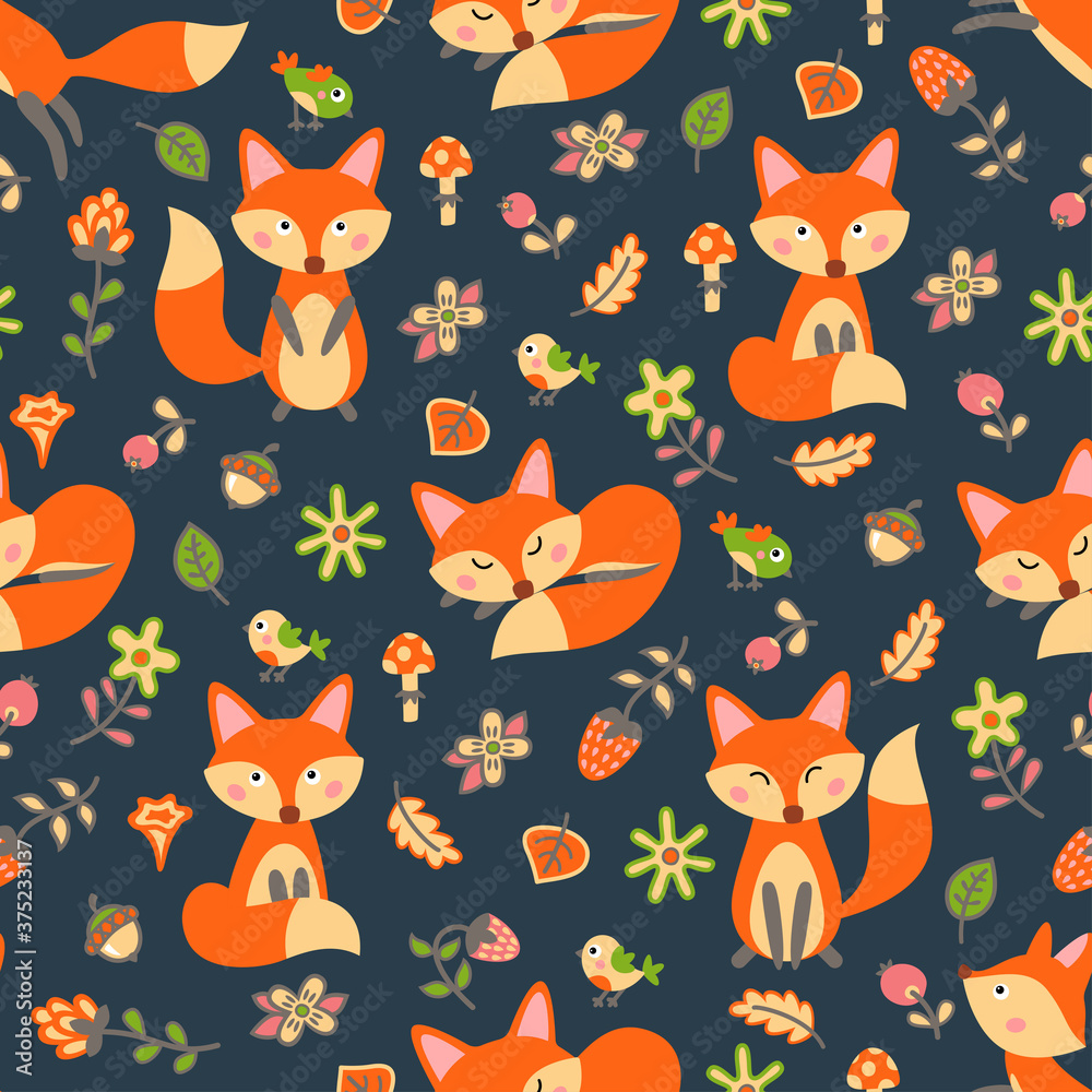 Cute seamless pattern with foxes in the autumn forest. Vector illustration.