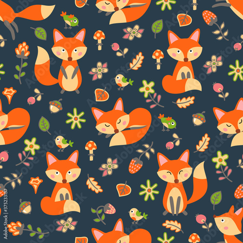 Cute seamless pattern with foxes in the autumn forest. Vector illustration.