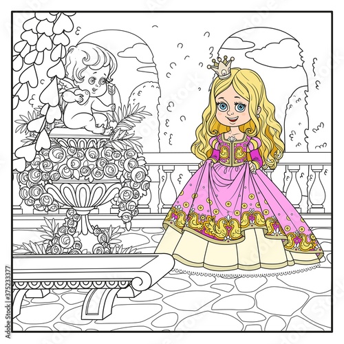 Color cute cartoon princess in palace park near garden marble vase with a statue of Cupid outlined for coloring page