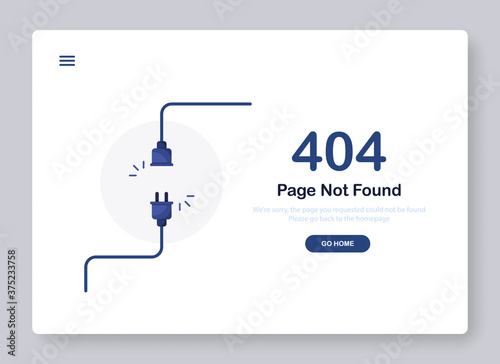 404 error page not found banner. Cable and socket. Cord plug. System error, broken page. Disconnected wires from the outlet. For website. Web Template. Popping window. Blue. Eps 10