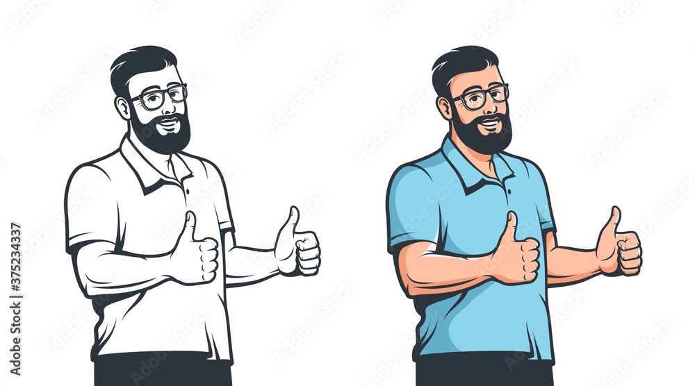 Positive man with glasses beard and thumb up gesture. Hipster smiling and shows like gesture. Vector cartoon retro illustration.