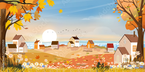 Autumn landscape at village by the lake with pink and blue sky,Panoramic Fall season at countryside by the sea with grass field, farmhouse, barn and wild flowers,Vector beautiful nature background