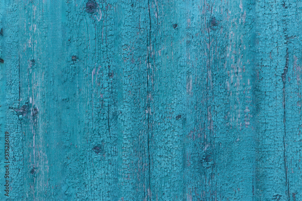 Old shabby wooden door with cracked blue paint copy space for design or text, Horizontal format