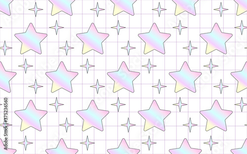 Holographic stars vector seamless pattern with grid background.
