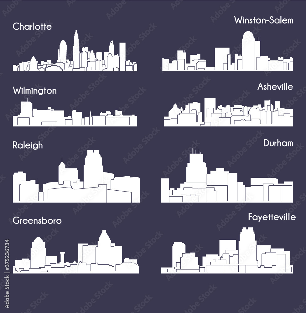 Fototapeta premium 8 city in North Carolina ( Charlotte, Raleigh, Asheville, Wilmington, Greensboro, Winston-Salem, Durham, Fayetteville )