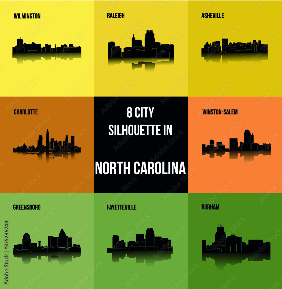 Fototapeta premium 8 city in North Carolina ( Charlotte, Raleigh, Asheville, Wilmington, Greensboro, Winston-Salem, Durham, Fayetteville )