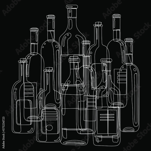 Contour image of bottles with various alcoholic beverages. Black background and white outline of the drawing.