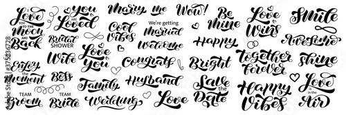 Set of lovely words for wedding or marriage brush lettering. Vector stock illustration for card or poster