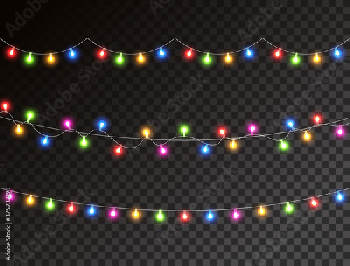 Christmas color lights isolated on transparent background. Garland lights decoration. Led neon lamp. Glow colored bulb. Bright decoration for xmas cards, banners, posters, web. Vector illustration