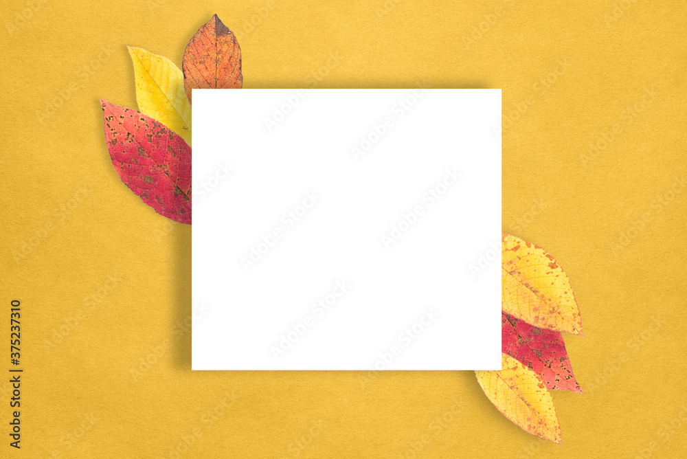 Fototapeta premium Autumn composition. Paper billet, dry leaves on a yellow background. Flat sunbed, top view, space for copying.