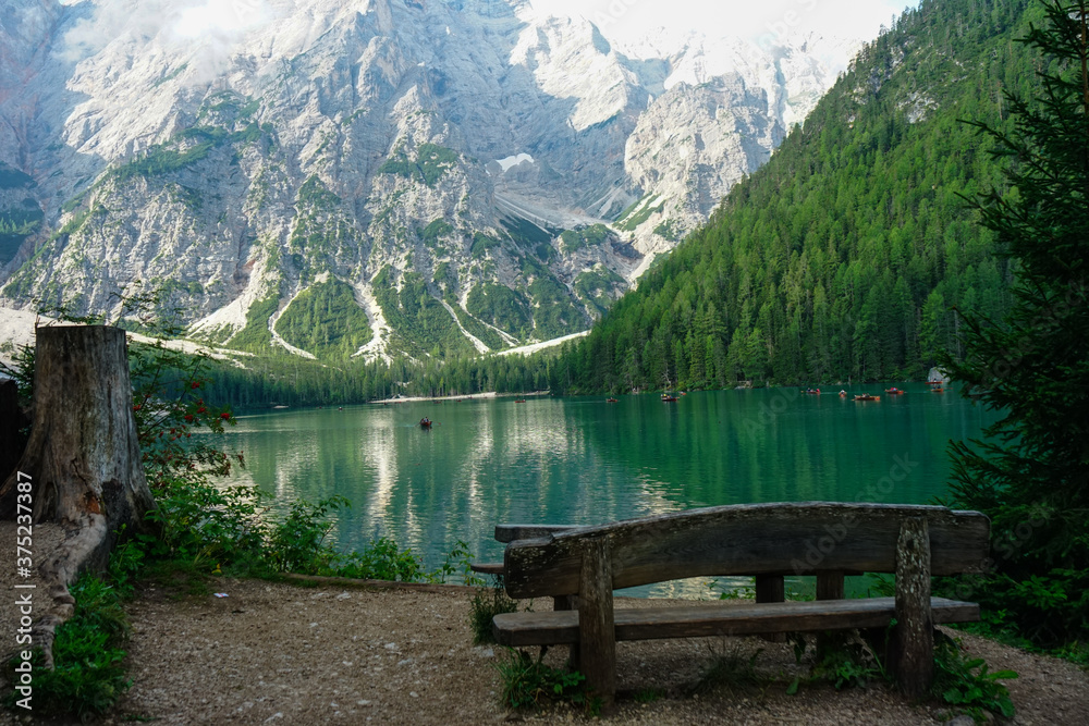 Empty bench close to Braies Lake, Dolomites, Unesco, Sudtirol, Trentino Alto Adige, Italy