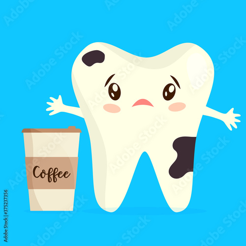 Cartoon illustration of unhealthy coffee stain tooth with cup of beverage. Concept of bad dental habits, incorrect teeth hygiene and healthcare.