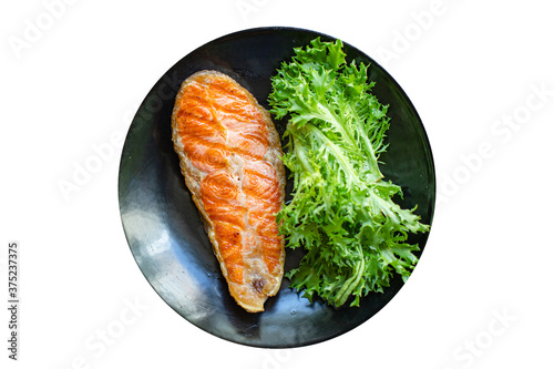 salmon fried steak fillet fish seafood natural ingredient second course eating healthy top view place for text copy space diet raw pescetarian