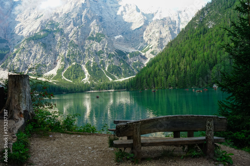 Empty bench close to Braies Lake, Dolomites, Unesco, Sudtirol, Trentino Alto Adige, Italy