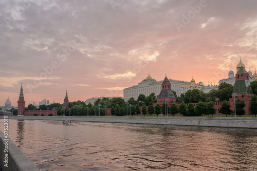 Moscow Kremlin Embankment and Moscow River at sunset. Architecture and landmark of Russia.