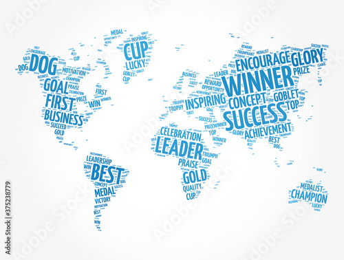 Winner word cloud in shape of world map  concept background